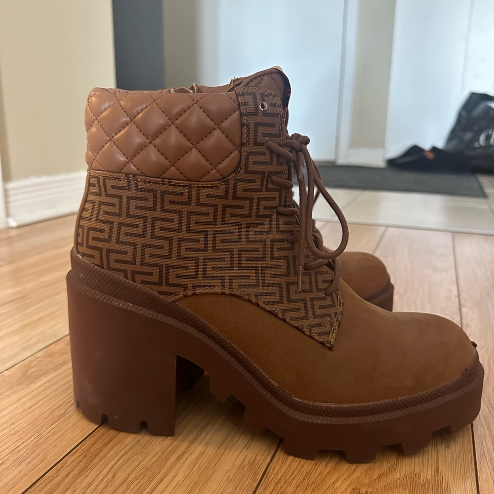 Steve Madden Cognac Quilted & Monogram Lace-Up Platform Boots